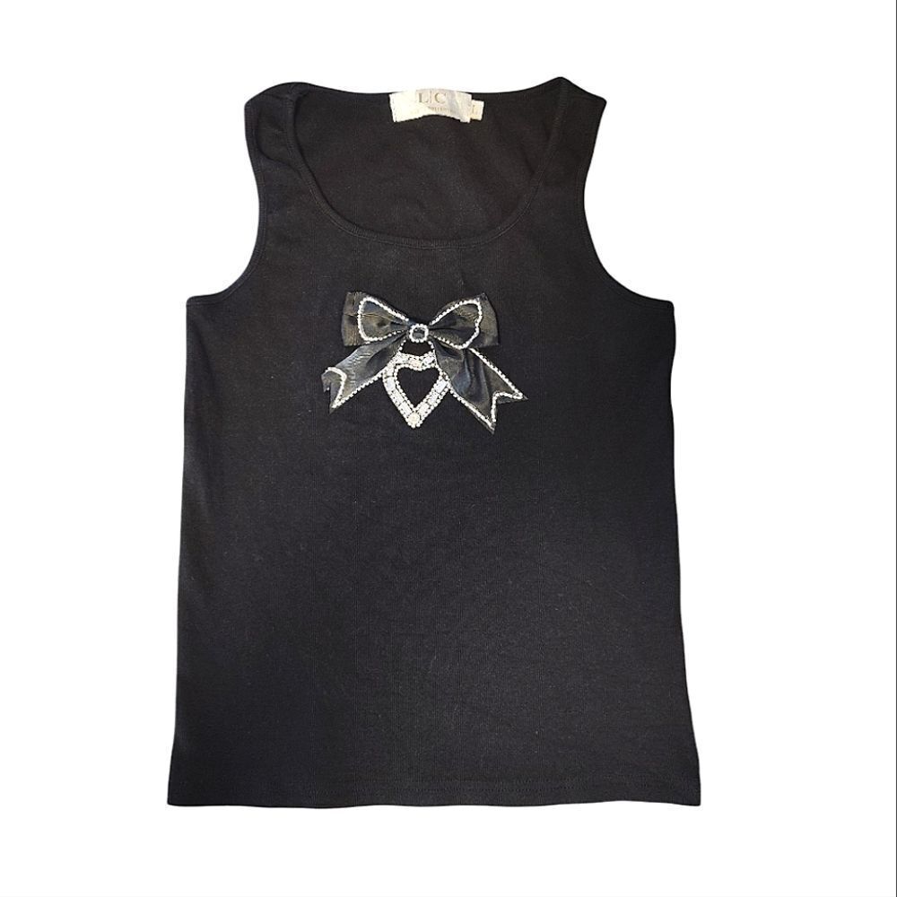LC Lizette Collection Black Bling Bow Heart Tank Top Large Dark Coquette